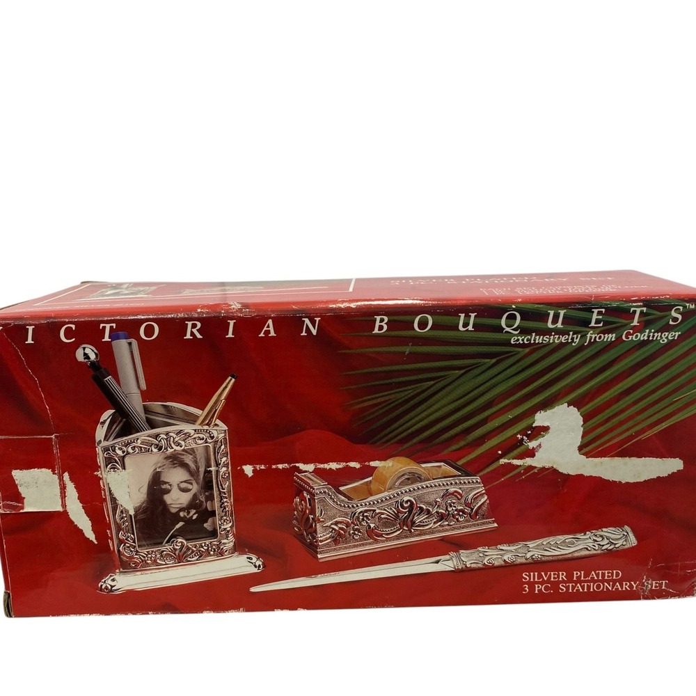 Godinger Victorian Bouquets Silver Plated 3pc Stationery Set Desk Accessories